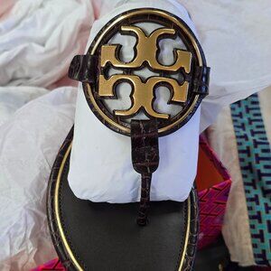 Tory Burch Miller Sandal Croco Emboss Coco Bark Size 9